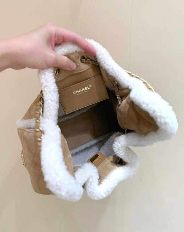 Sac hobo CC 25C 30cm Marron Blanc Daim Laine Quincaillerie Dorée