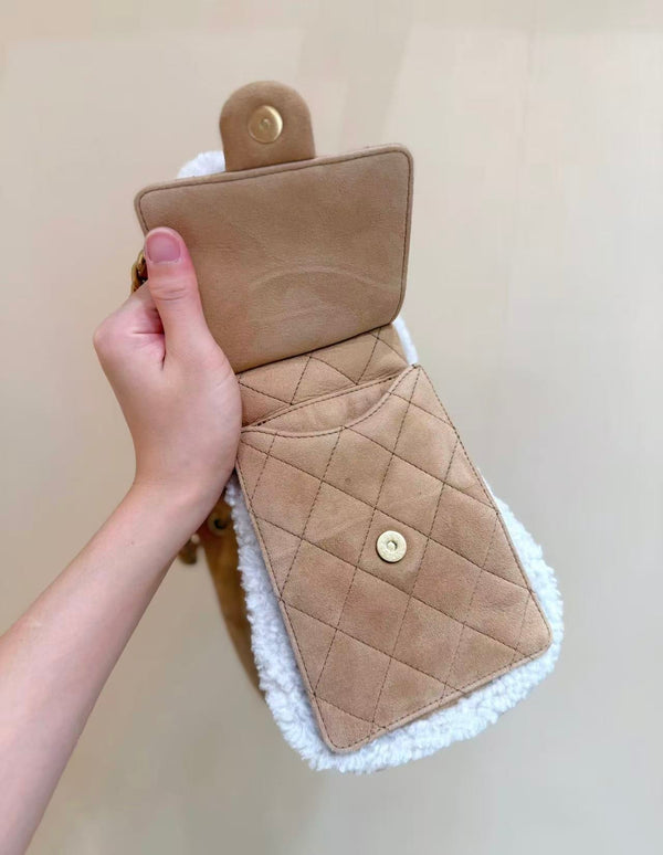 Sac hobo CC 25C 30cm Marron Blanc Daim Laine Quincaillerie Dorée
