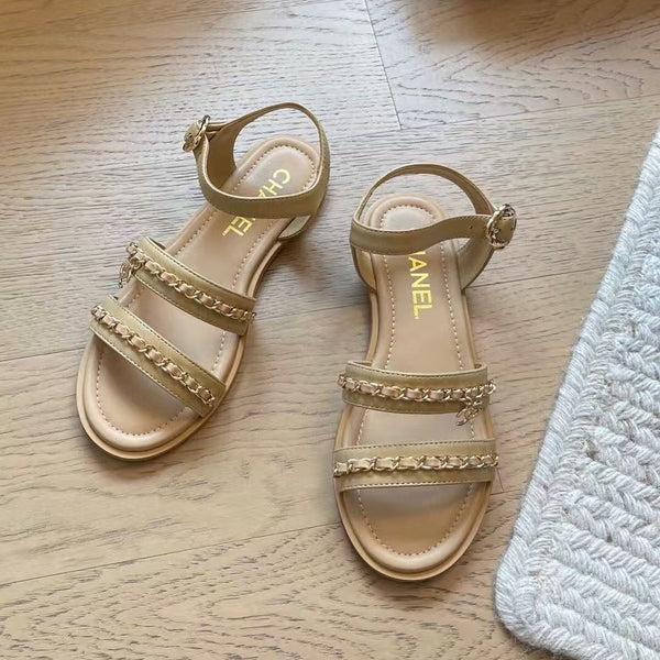 CC 25 Gold Chain Strappy Sandals Apricot Cowhide