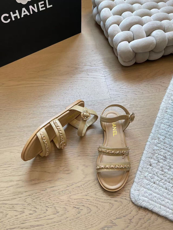 CC 25 Gold Chain Strappy Sandals Apricot Cowhide