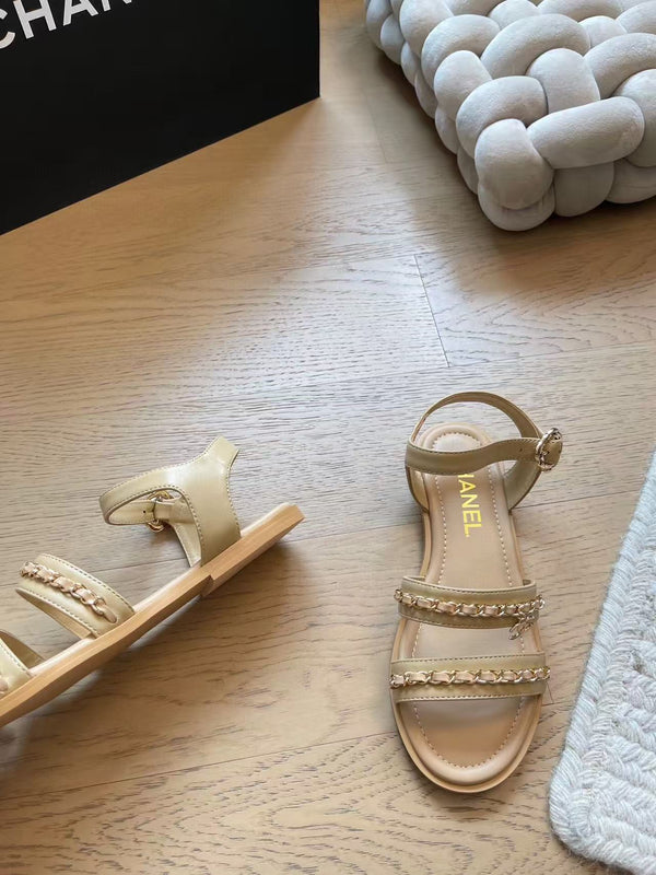 CC 25 Gold Chain Strappy Sandals Apricot Cowhide