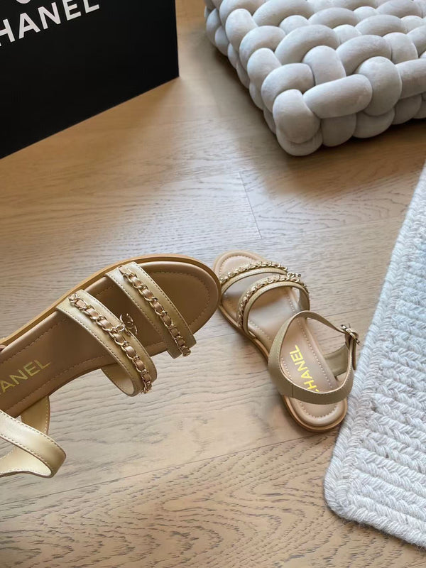 CC 25 Gold Chain Strappy Sandals Apricot Cowhide