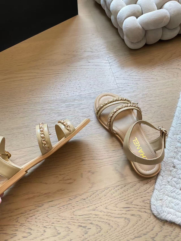 CC 25 Gold Chain Strappy Sandals Apricot Cowhide