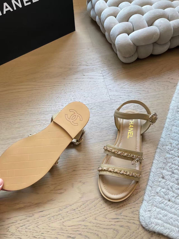 CC 25 Gold Chain Strappy Sandals Apricot Cowhide