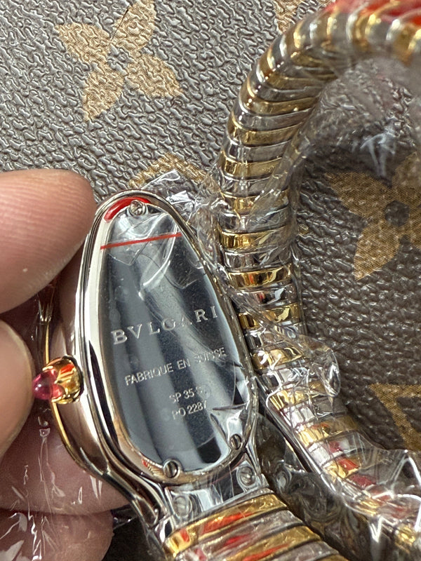 Montre Bvlgari Serpenti Tubogas 35mm Diamants pour Femme en Or et Argent avec Cadran Noir