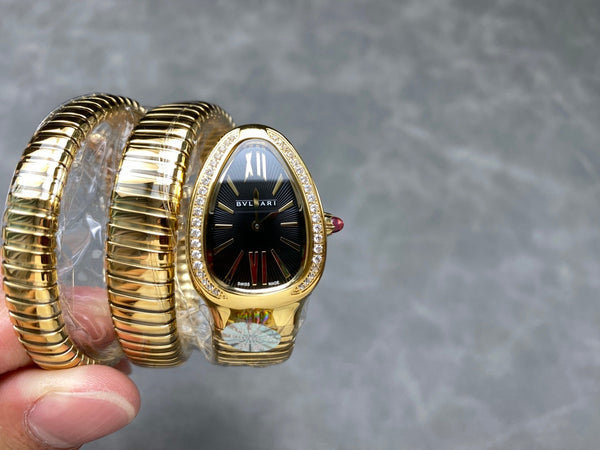 Montre Bvlgari Serpenti Tubogas 35mm Or Diamants Double Spirale Cadran Noir