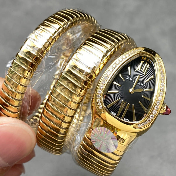 Montre Bvlgari Serpenti Tubogas 35mm Or Diamants Double Spirale Cadran Noir