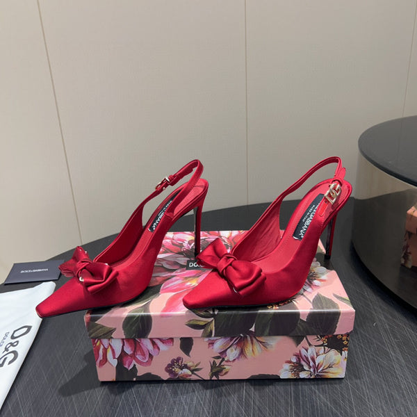 DG Bow Slingbacks 10cm High Heel Red Silk
