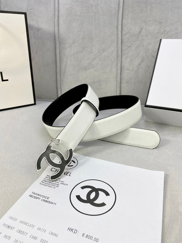 CC BELT 30MM WHITE CALFSKIN SILVER METALLIC BUCKLE