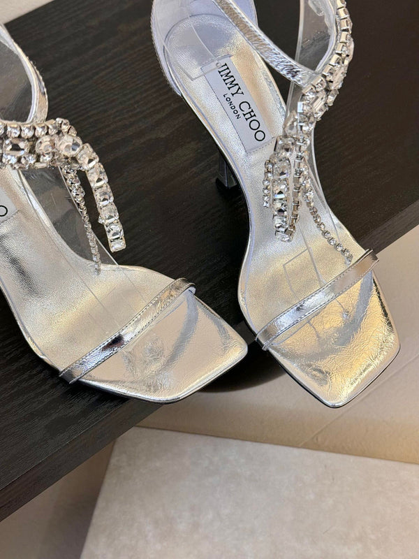 Jimmy Choo Verity 100mm High Heel Sandals Rhinestone Straps Silver Cowhide