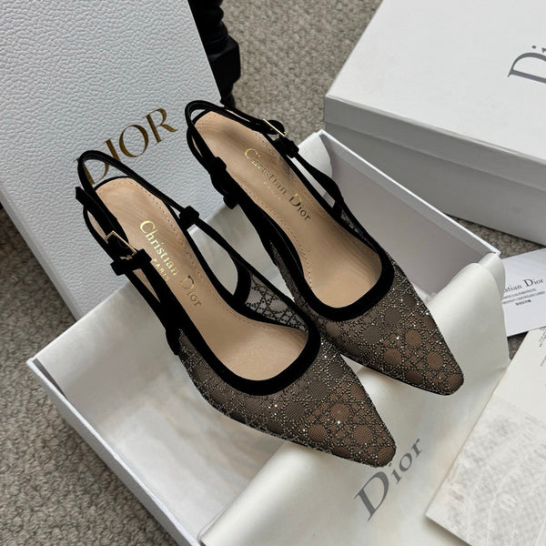 CD Rhinestone 6.5cm Slingback Sandals Imported Mesh  157557