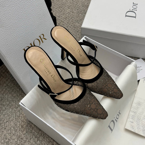 CD Rhinestone 10cm Slingback Sandals Imported Mesh 157555