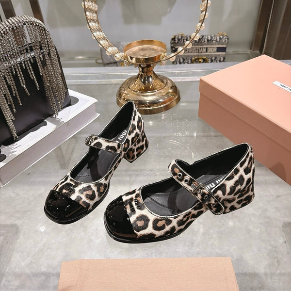 Miu 26FW Mary Jane Pumps 4.5cm Square Toe Strap Leopard Print Pony Hair 190479