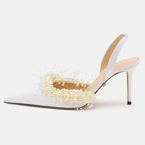Mach & Mach Escarpins à Bride Arrière 85mm Perle Flottante et Satin Blanc