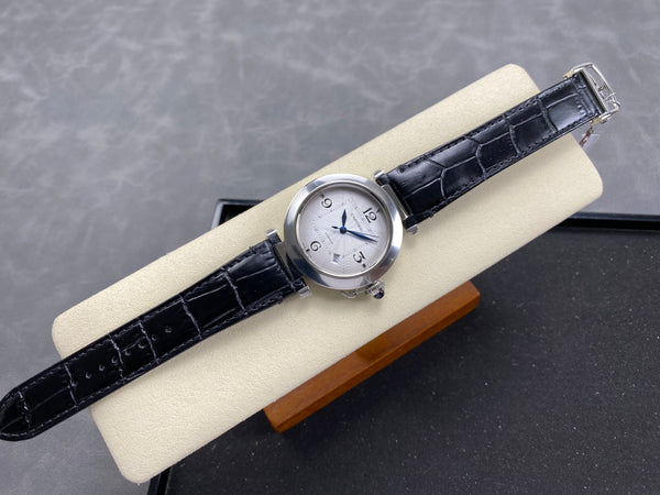 Pasha 41 mm mechanical silver white dial black leather