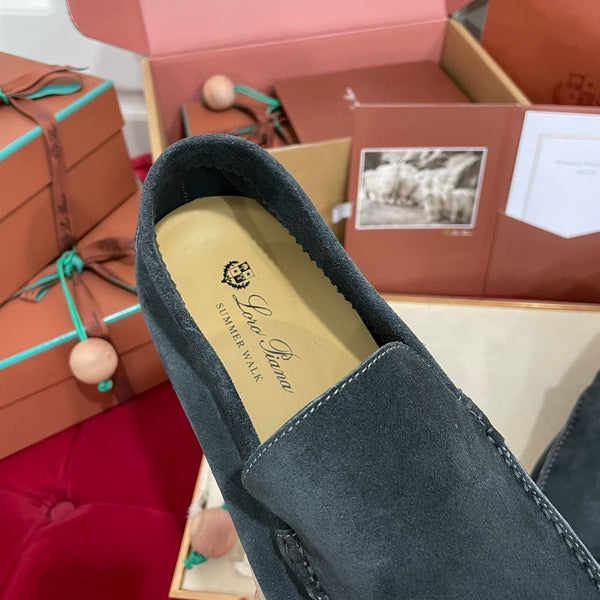 Loro Piana Suede Summer Walk Loafers Dark Grey