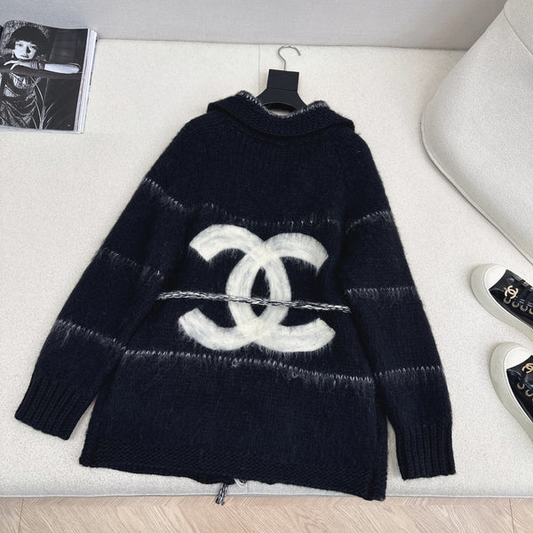 CC Mohair Wool Fluffy Black and White Belt Cardigan