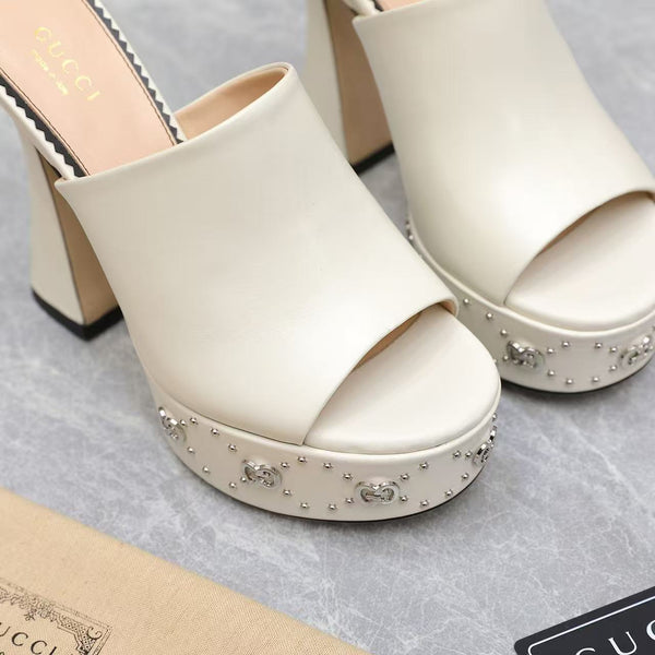 GG Platform Mule Sandals 13cm White Cowhide