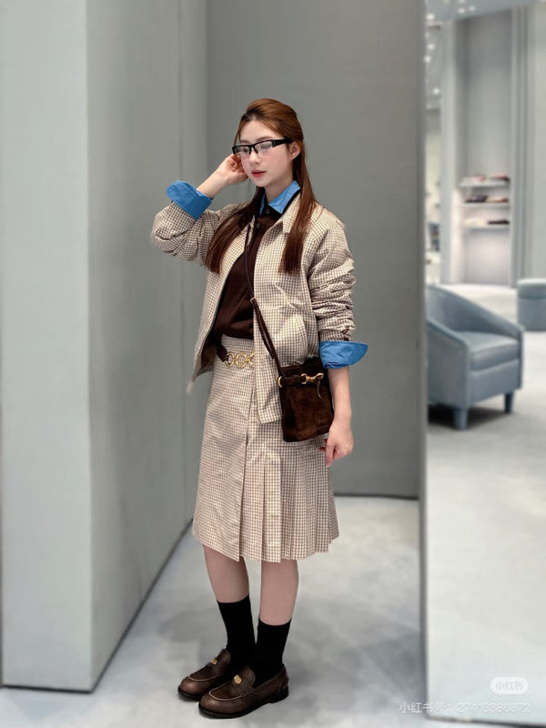 Jupe midi à carreaux beige-marron en coton Miu Miu YB