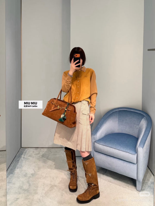 Jupe midi à carreaux beige-marron en coton Miu Miu YB