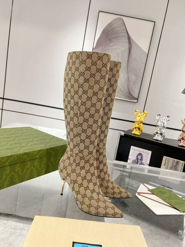 GG High Boots Horsebit 8cm Canvas Calfskin