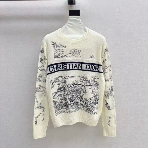 Dior 2026 Toile de Jouy Logo Knit Sweater Cream Blue Wool