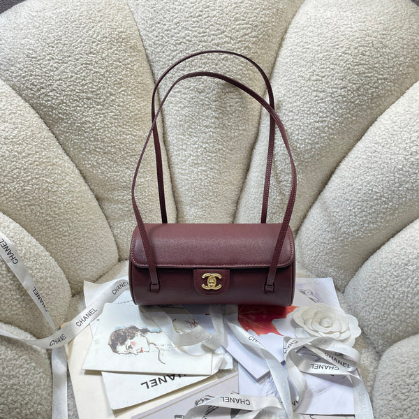 Chanel 2026 Bowling Ball Cylinder Bag 20.5cm Burgundy Caviar Leather