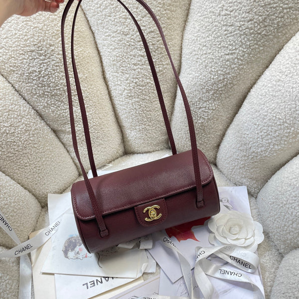 Chanel 2026 Bowling Ball Cylinder Bag 20.5cm Burgundy Caviar Leather