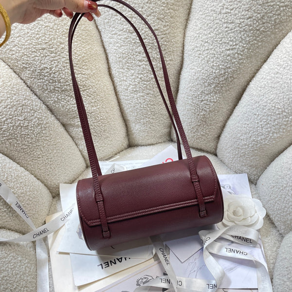 Chanel 2026 Bowling Ball Cylinder Bag 20.5cm Burgundy Caviar Leather