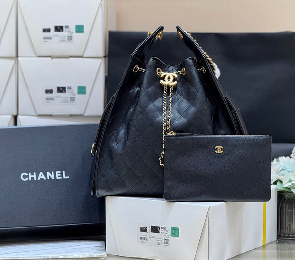 CHANEL 25S HOBO BAG 40 CM IN BLACK CALFSKIN WITH GOLD HARDWARE