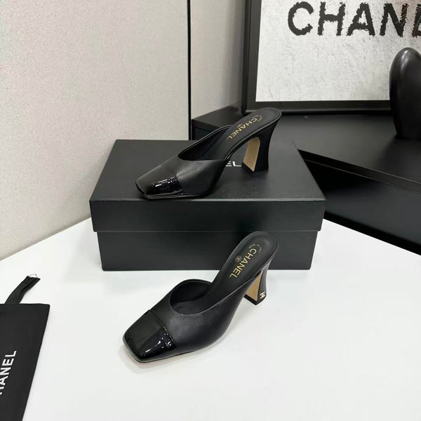 CC 26s Mule 9.5cm Black Sheepskin Patent Calfskin