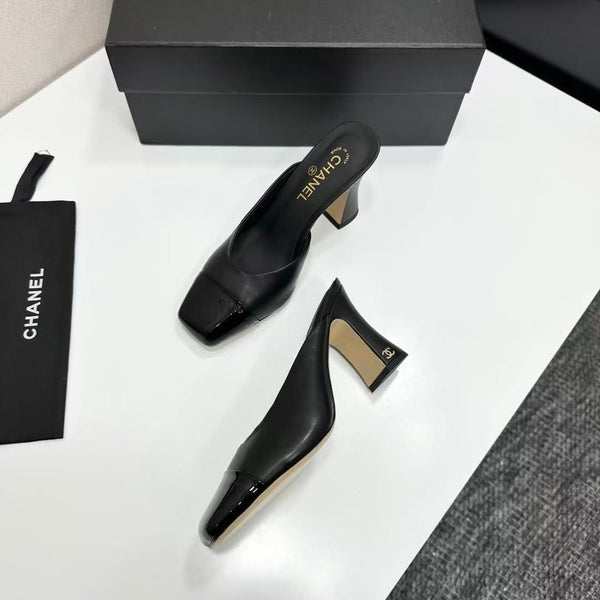 CC 26s Mule 9.5cm Black Sheepskin Patent Calfskin