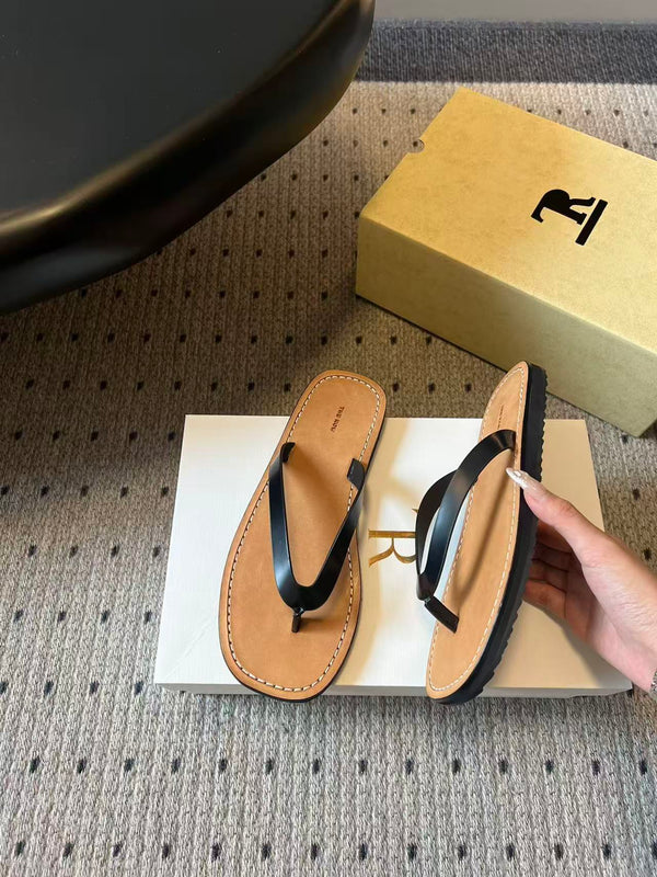 The Row City Flip Flops Black Brown Calfskin