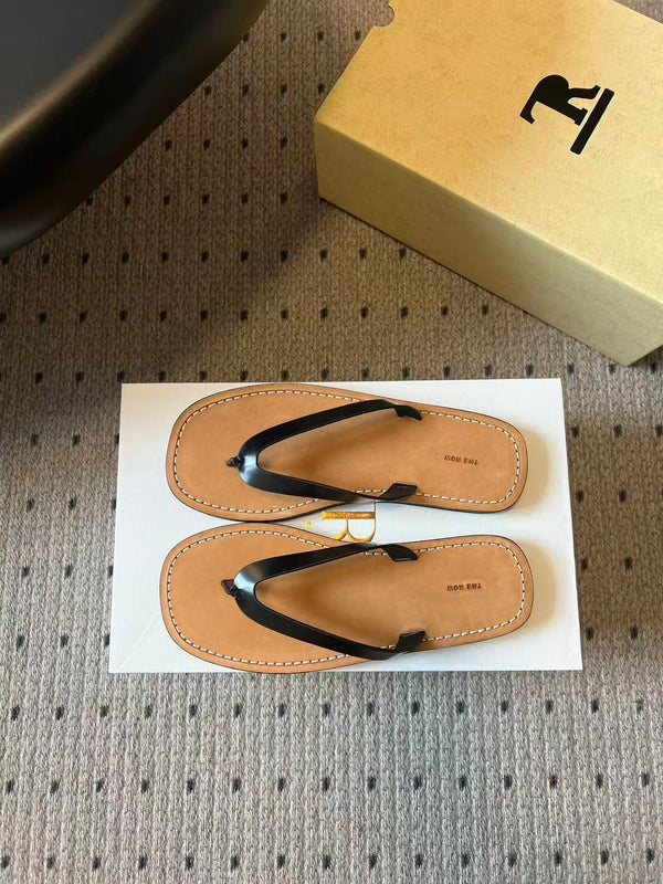 The Row City Flip Flops Black Brown Calfskin