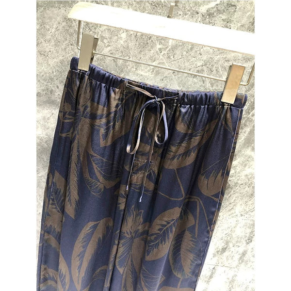 Loewe Straight-leg Pants Dark Navy Blue With Brown Print Pattern Silk