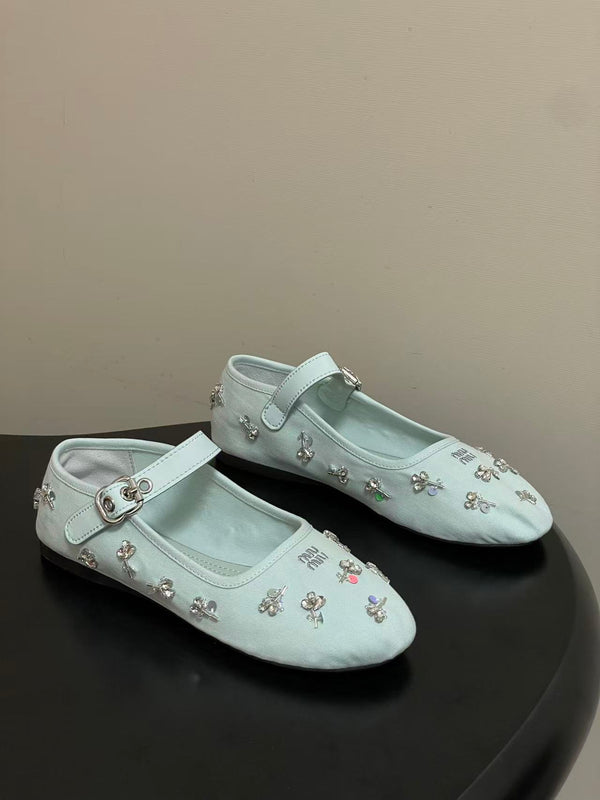 Miu Embellished Drill Ballerinas Light Blue Canvas With Rhinestones