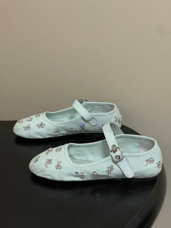 Miu Embellished Drill Ballerinas Light Blue Canvas With Rhinestones
