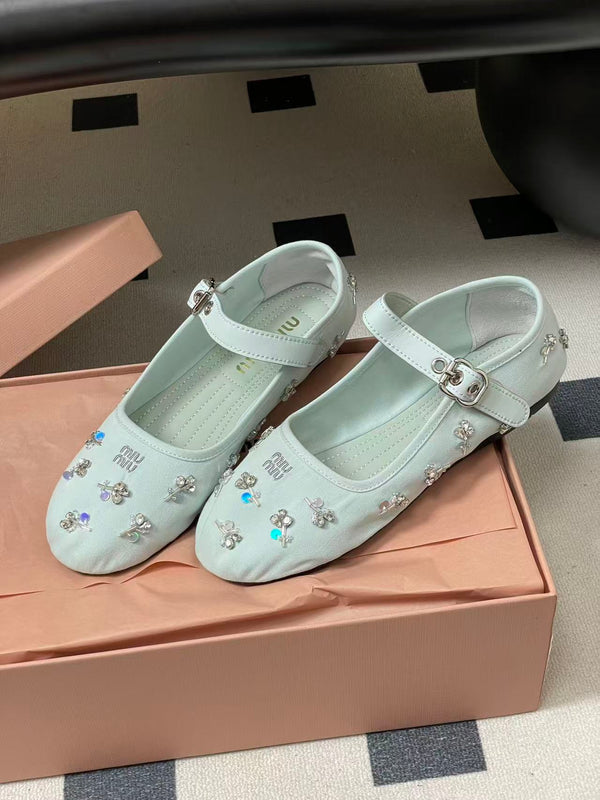 Miu Embellished Drill Ballerinas Light Blue Canvas With Rhinestones