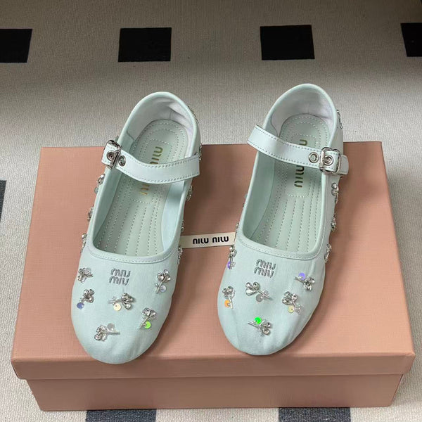 Miu Embellished Drill Ballerinas Light Blue Canvas With Rhinestones