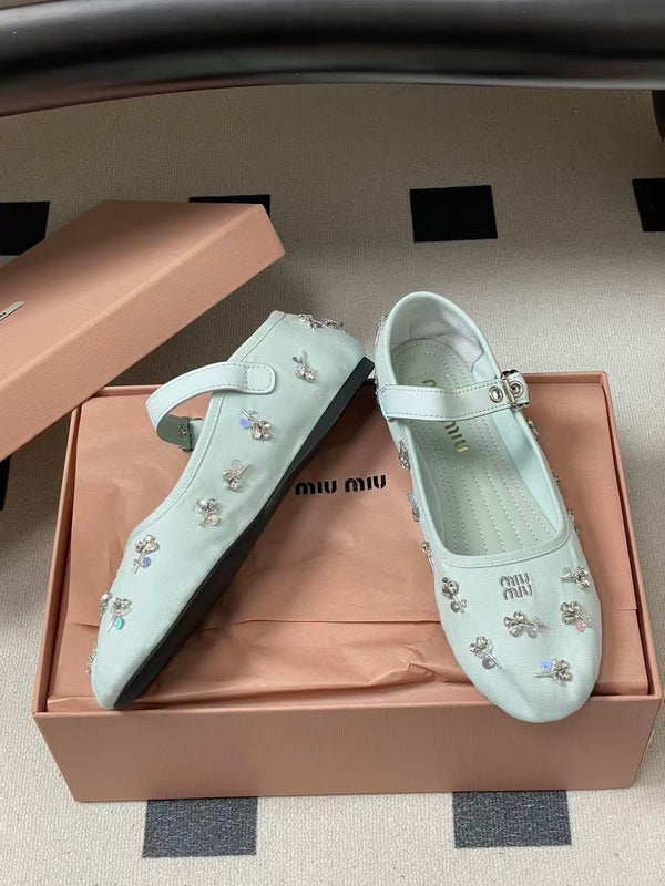 Miu Embellished Drill Ballerinas Light Blue Canvas With Rhinestones