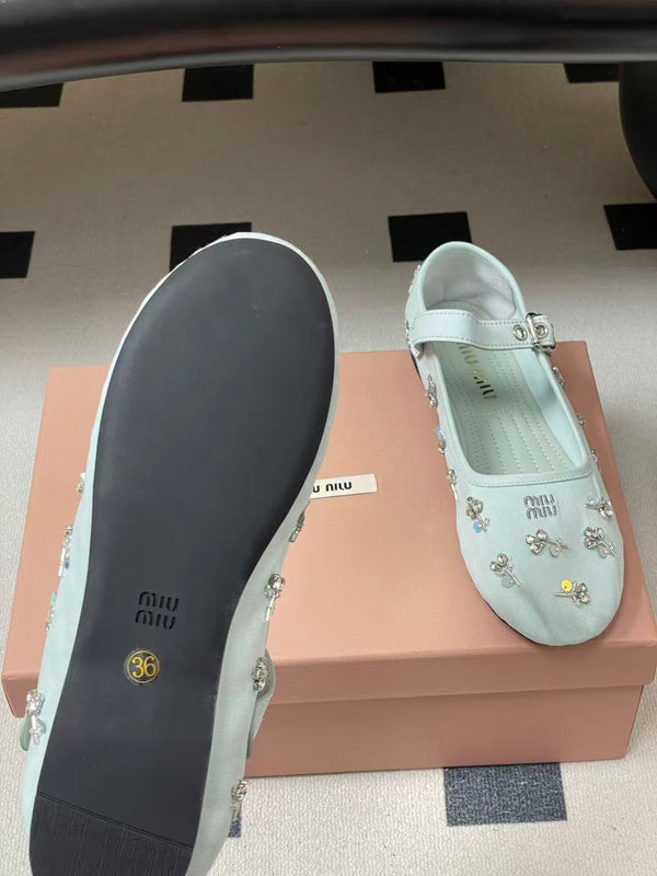 Miu Embellished Drill Ballerinas Light Blue Canvas With Rhinestones