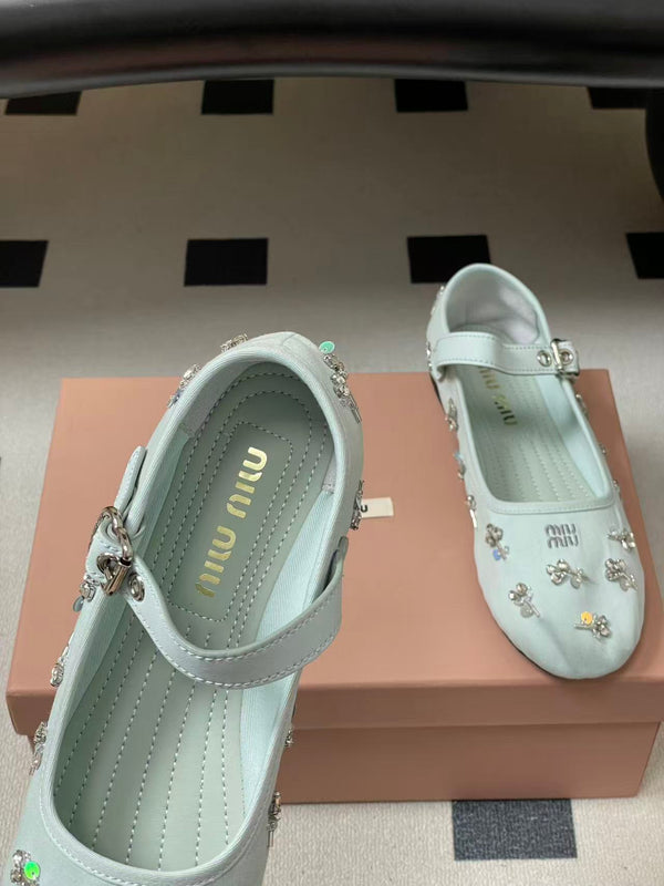 Miu Embellished Drill Ballerinas Light Blue Canvas With Rhinestones