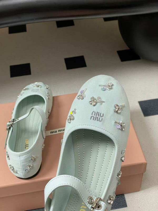 Miu Embellished Drill Ballerinas Light Blue Canvas With Rhinestones