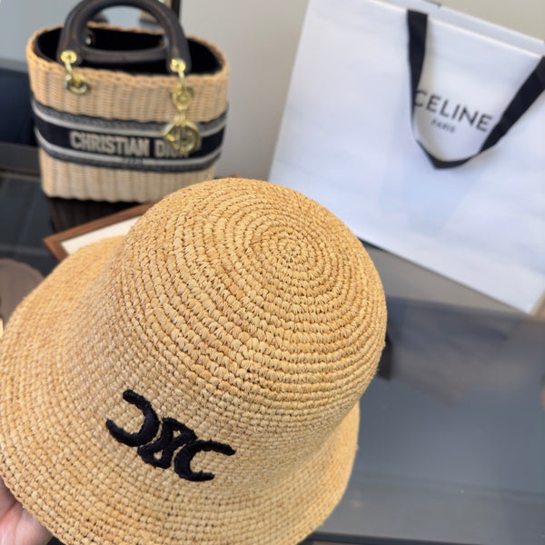 Celine Buckle Hat Black Logo in Beige Straw