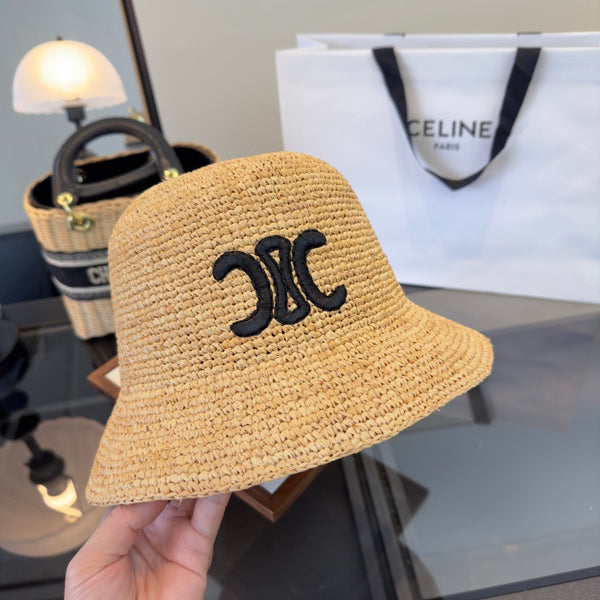 Celine Buckle Hat Black Logo in Beige Straw