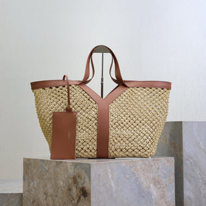 YSL TOTE BAG IN TAN RAFFIA BROWN COWHIDE LEATHER
