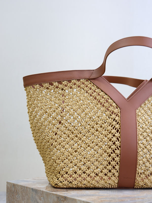 YSL TOTE BAG IN TAN RAFFIA BROWN COWHIDE LEATHER