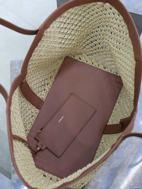 YSL TOTE BAG IN TAN RAFFIA BROWN COWHIDE LEATHER