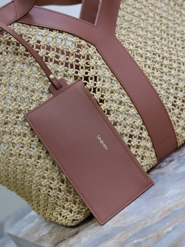 YSL TOTE BAG IN TAN RAFFIA BROWN COWHIDE LEATHER