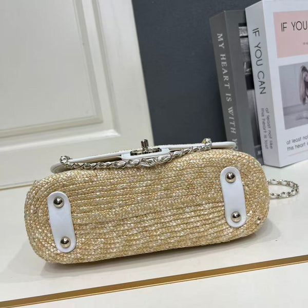 CC Small Flap Bag 23cm Beige Gold Hardware in Raffia